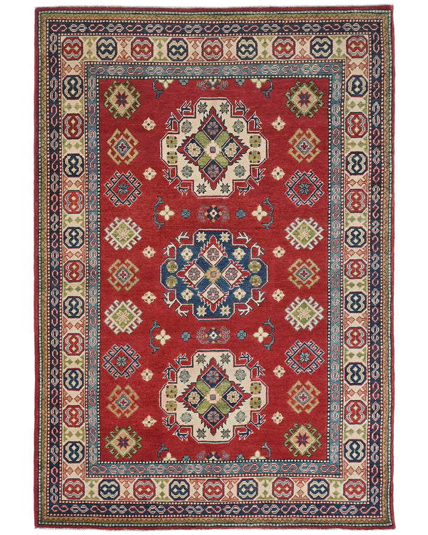 5x7 Red Kuba Afghan Hand Knotted Wool Area Rug